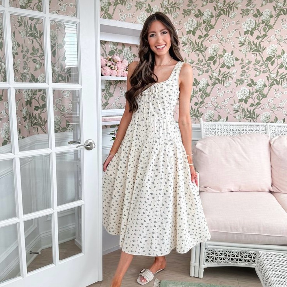 Floral Cream and Blue Midi Dress